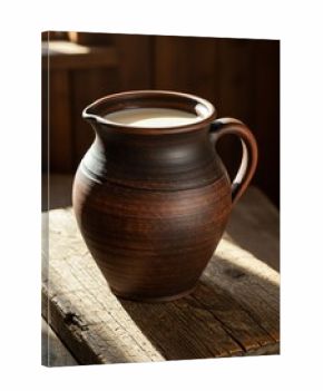 Clay Pot with Milk on Rustic Wooden Surface in Warm Natural Light