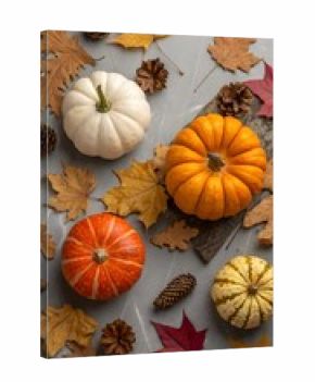Top border with thanksgiving still life made of pumpkins and dried fall leaves. Top view flat lay