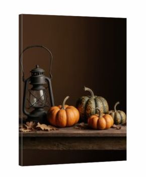 Still life with pumpkins and autumn details - a cozy scene in the spirit of the autumn holidays.