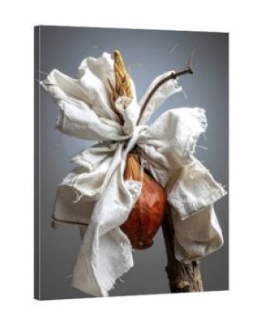 Still life art wrapped dried fruit and wheat stem tied to a twig