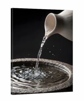 Clear Water Pouring From Ceramic Jug Into Stone Bowl Creating Ripples On Surface Against Dark Background