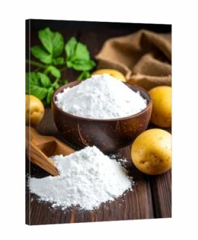 Still life of potato flour, bowl, spuds, and wooden spoon