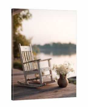 Serene porch scene. Aged rocking chair  flowers by lake evoke peace, relaxation, nostalgia. Ideal for lifestyle, home decor, slow living themes.