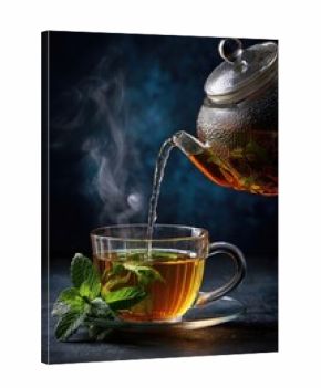 Glass teapot pouring hot tea into a cup