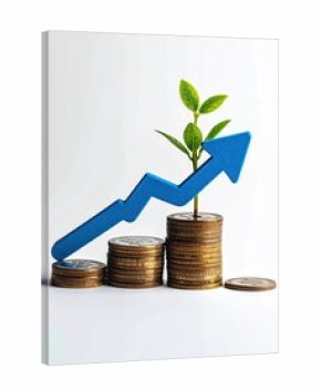 Coins stacked, a plant grows  blue arrow points upward