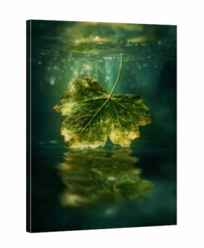 A single green leaf suspended in water with a reflection and bubbles in a dark teal environment