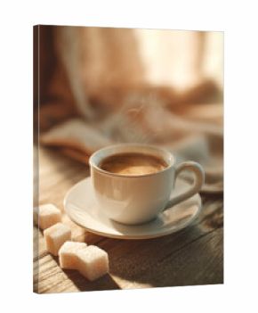 A steaming cup of coffee and sugar cubes on a wooden surface.