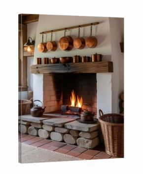 Rustic kitchen fireplace with glowing fire, brick chimney, wooden mantel, and hanging copper cookware