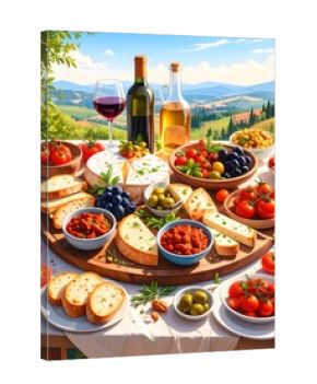 Tuscan Countryside Feast: A Detailed Still Life of Food and Wine