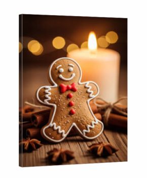 Adorable gingerbread man cookie, festive cinnamon sticks, and a warm candle creates a cozy Christmas mood