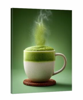 Steaming mug of vibrant green matcha tea with a frothy top sitting on a woven coaster against a monochromatic green background evokes warmth and freshness