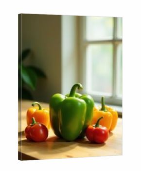 Vibrant bell peppers arranged on a sunlit wooden surface near a window