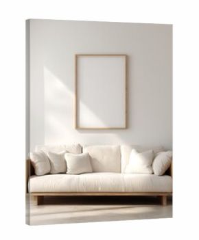 Bright interior design features couch and empty frame creating relaxed atmosphere at home or apartment