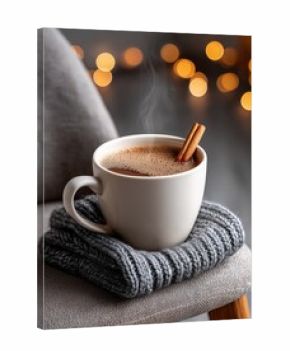 Cup of hot cocoa with cinnamon on cozy gray sweater