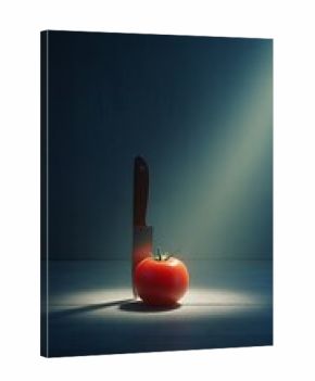 Tomato and Knife Still Life with Dramatic Lighting on Wooden Surface