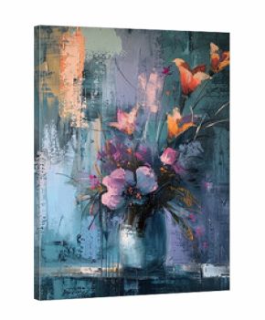 Abstract floral arrangement with vibrant blooms and textured brushstrokes creates a calming artistic atmosphere. 