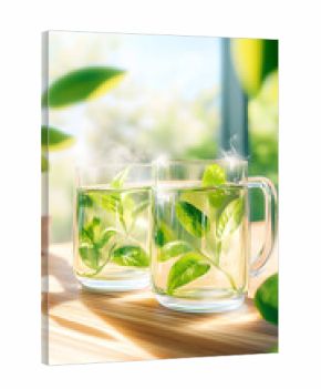 Two Glass Mugs of Steaming Green Tea with Leaves in Morning Sunlight