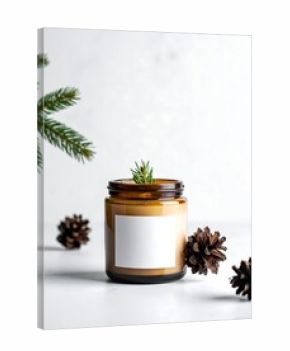 A scented candle in a brown jar, with pinecones, and green sprig on a white surface, lit by natural light