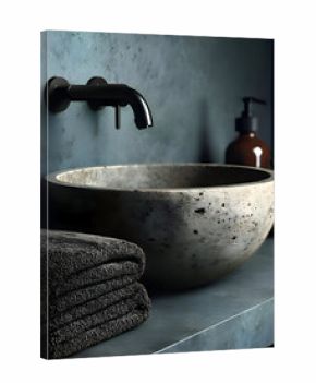 Stylish Stone Sink with Dark Towels and Faucet in Minimalist Bathroom