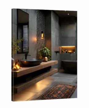 Sleek Bathroom Interior with Dark Gray Walls, Wooden Vanity and Black Oval Sink