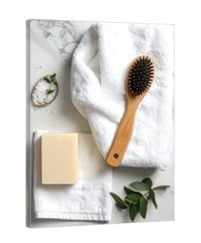 Clean Bar soap, brush, and towels on marble surface