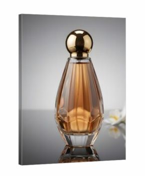Elegant perfume bottle with golden cap and amber liquid on a reflective surface with white flowers
