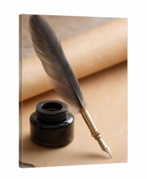 Quill Pen and Inkwell on Parchment Vintage Writing Tools Still Life Composition