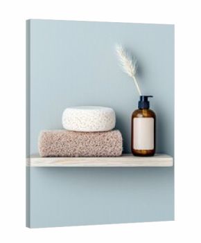 A minimalist bathroom shelf displays a round white soap, a textured brown loofah, and a brown dispenser bottle with dried grass.