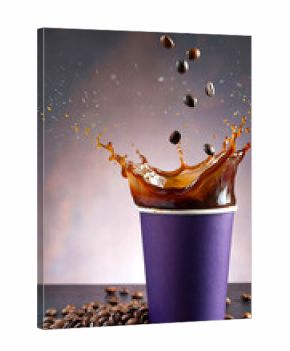 Vibrant Jolt Coffee Cup Splash, vibrant purple coffee cup, coffee cup splash on purple background 
