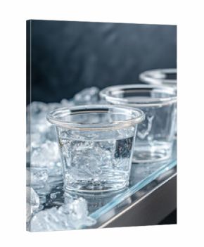 Clear plastic cup with ice and water on metal tray, cold refreshing drink with textured ice and condensation