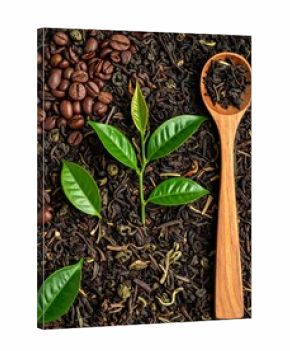 Close-up of coffee beans and tea leaves, with fresh green leaves and a wooden spoon filled with tea, creating a beautiful still life