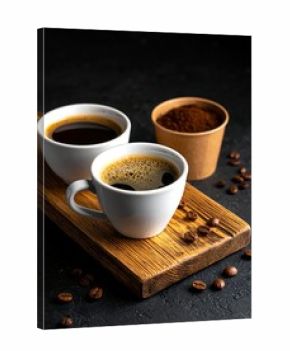 Two coffee-filled mugs, a cup of grounds, on a wooden board