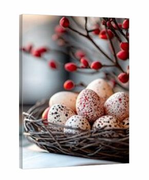 Close-up of speckled Easter eggs in a wicker basket, with red berries and a blurred background. Soft focus and natural light create a peaceful atmosphere.
