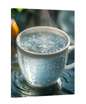 Hot water with lemon in white mug close up refreshing drink beverage healthy lifestyle wellness hydration therapy