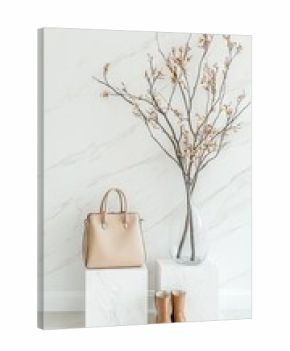 A beige handbag and boots are displayed on white marble cubes, with a glass vase holding branches in a minimalist interior setting.