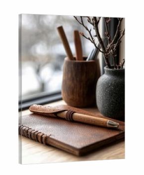 A leather-bound notebook with a pen rests on a wooden table, next to a vase with branches and a wooden cup, near a window.