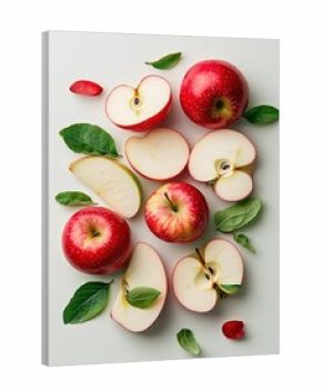 A top-down shot showcases a collection of fresh red apples and apple slices, complemented by green leaves, artfully arranged on a white surface.