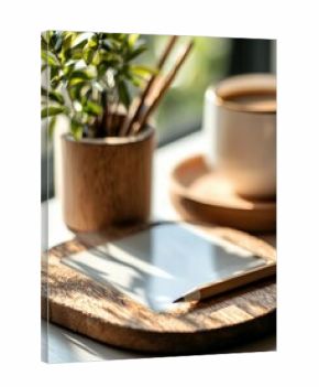 Close-up of a wooden tray with a pencil, a coffee cup, and a small plant in a wooden pot, near a window, illuminated by sunlight.