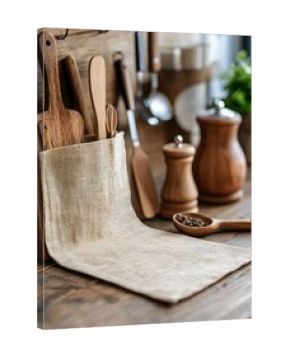 Close-up of various kitchen utensils, including cutting boards, spoons, and a pepper grinder, arranged on a wooden countertop. The scene is bathed in warm, natu