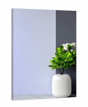 A white vase holding a green plant with white flowers, placed on a marble surface, against a two-tone wall with light purple and dark gray sections.