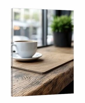 A white coffee cup and saucer sit on a wooden table near a window, with a plant in the background. The scene is lit by natural light.