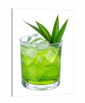 Vibrant green pacific pandan leaf drink, a naturally aromatic and sweet beverage in a glass, isolated on a white background