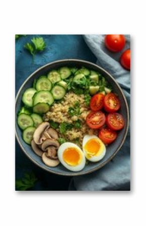 Quinoa Salad with Cucumber, Mushrooms, Tomatoes and Boiled Eggs