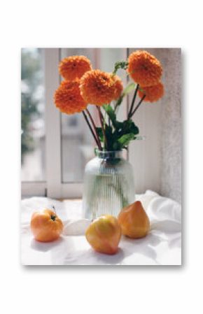 still life with flowers and tomatoes