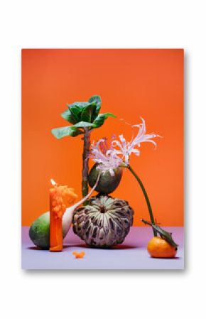 Vibrant fruits and flowers on an orange background.