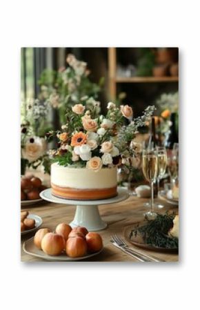 Elegant wedding cake with flowers and champagne.