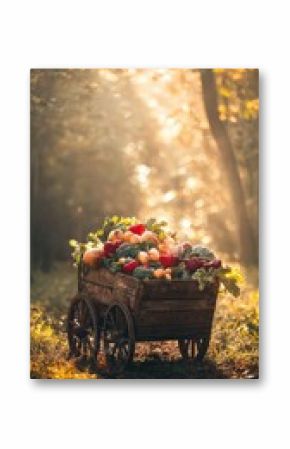 Rustic wooden cart with fresh vegetables in golden farm light