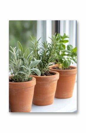 Three terracotta pots with herbs: rosemary, sage, mint.  Windowsill garden.