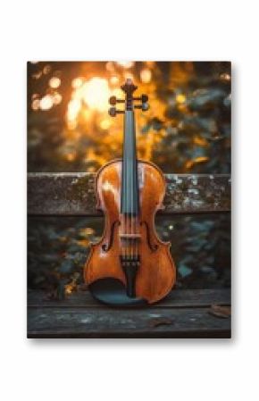 Antique violin on a rustic bench.