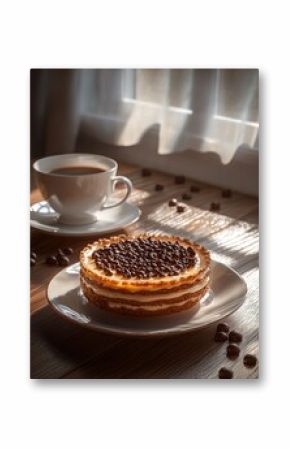 Cake and coffee on table by window with scattered beans in sun.